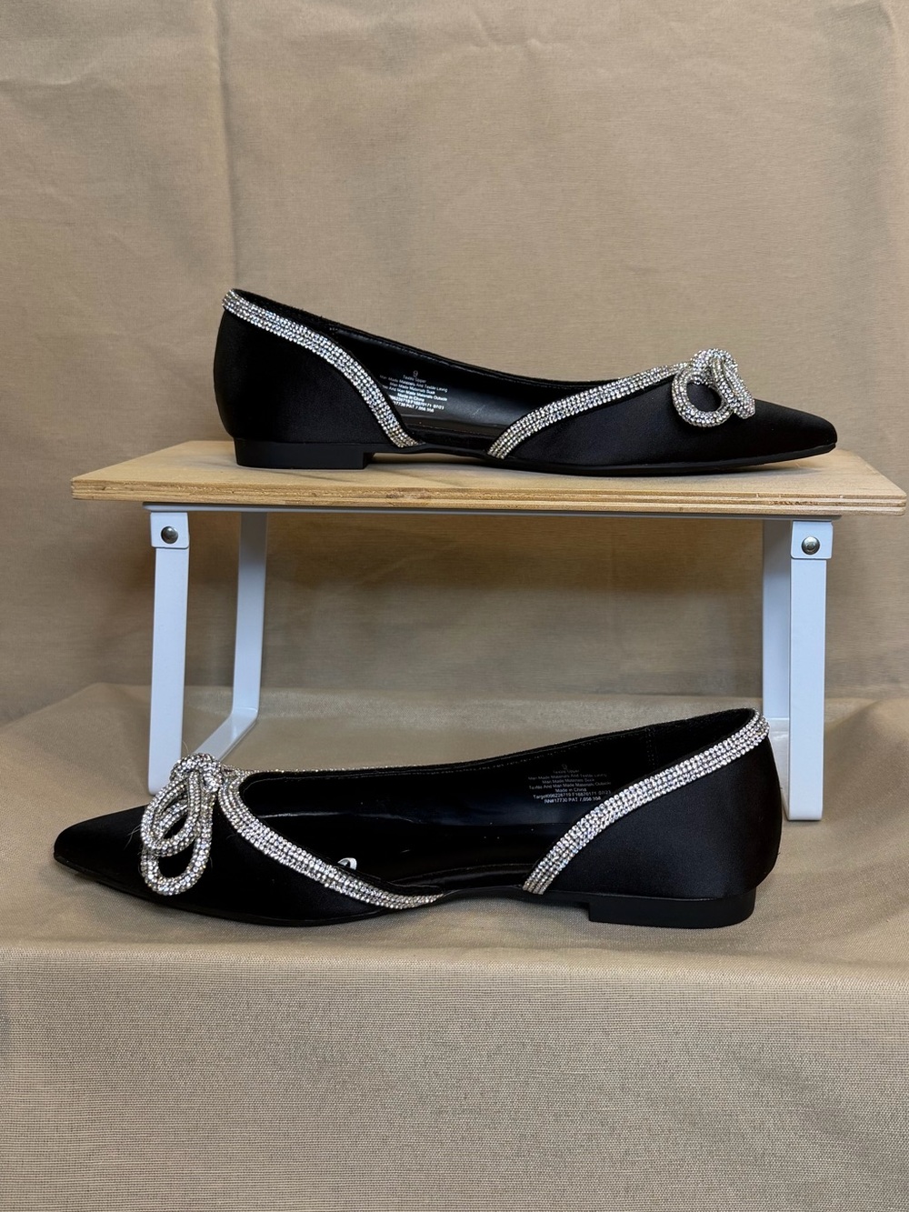 a new day Black Satin Pointed Toe Flats with Crystal Bow